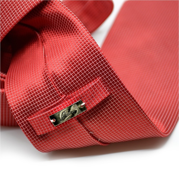 BRIONI Silk Micro-Check Motif Tie in Bright Red - Picture 7 of 9